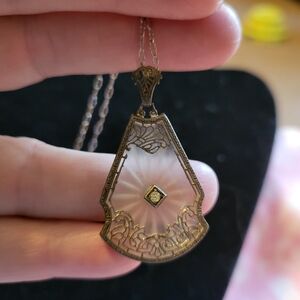 Vintage 1920s Art Deco Camphor Glass & Diamond Accent Necklace
